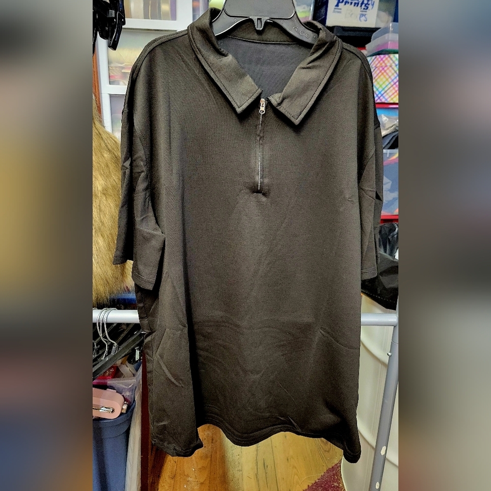 Golf Polo Collared Short Sleeve Siver Zippered Shirt XL Black